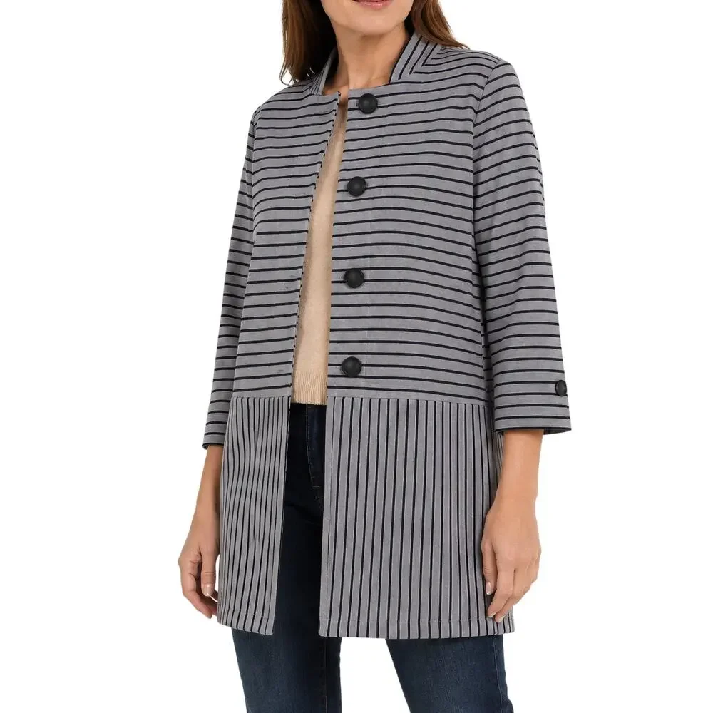 CAbi 5474 Dappled Hidden Button Car Coat Jacket Blue Gray Stripe Large